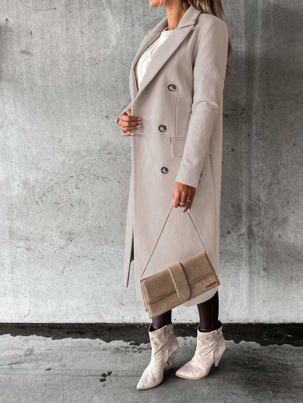 Double Breasted Lapel Coat Solid Slim Long Jacket Long Sleeve Tops Womens Clothing
