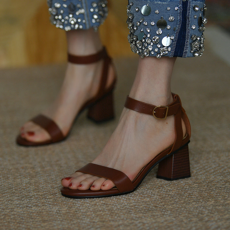 Brown Retro Thick Heel Sandals Women