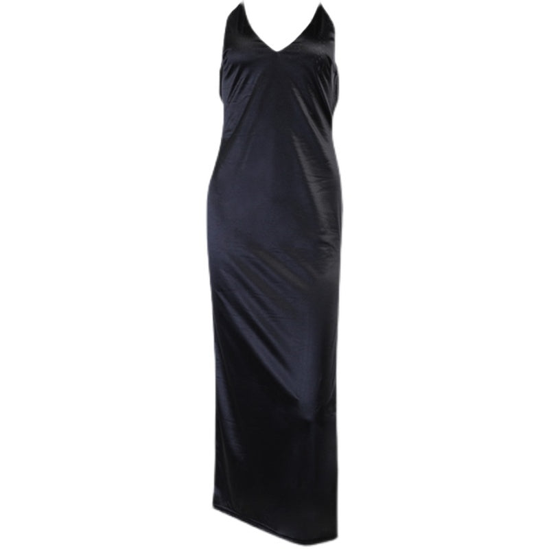 Satin Maxi Dress Black Backless Split Party Dresses Off Shoulder V Neck