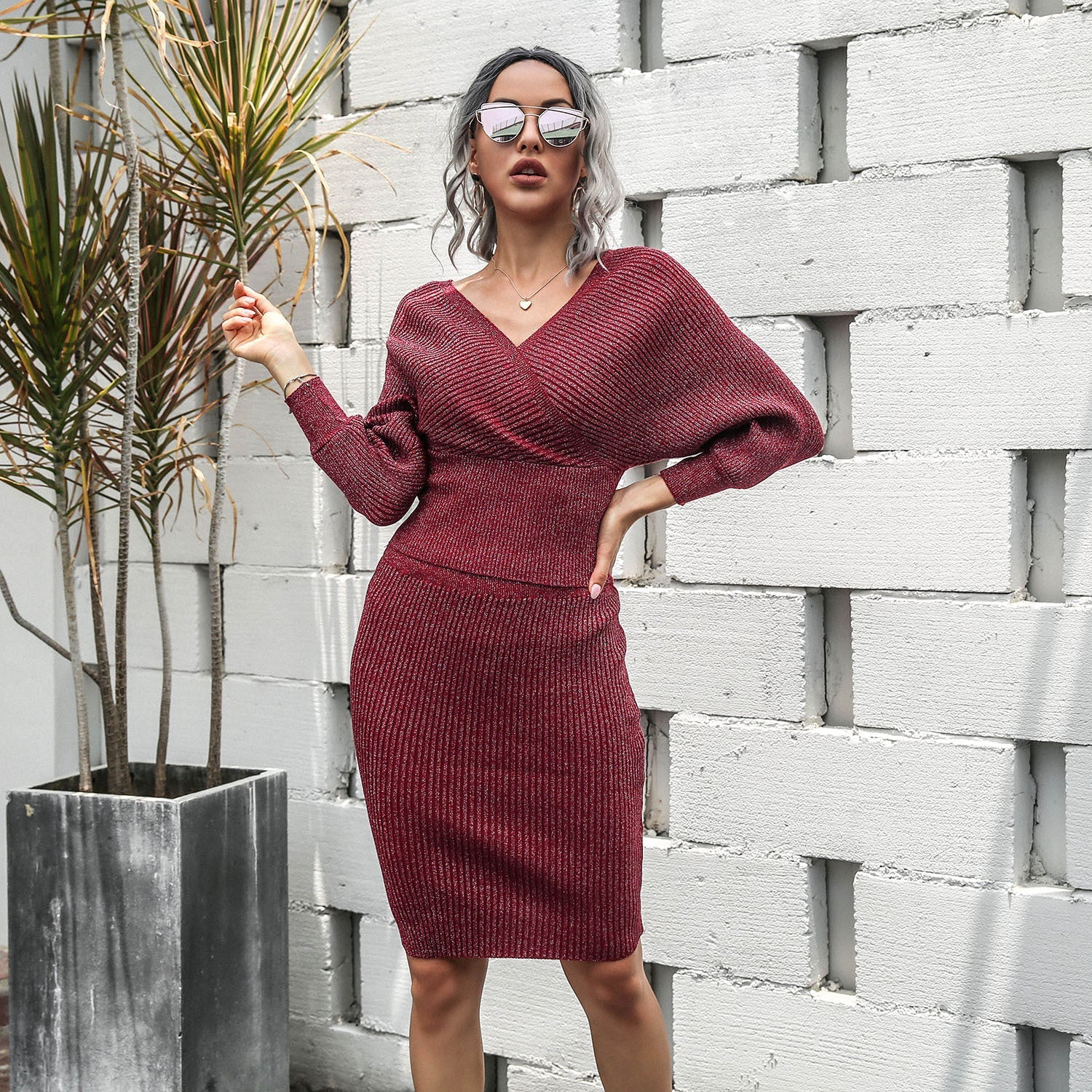 Knit Sweater Halter Two-Piece Suit hip Sweater Dress