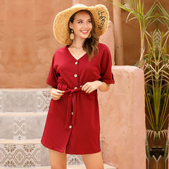 Waist V-Neck Tie Dress A-Line Skirt