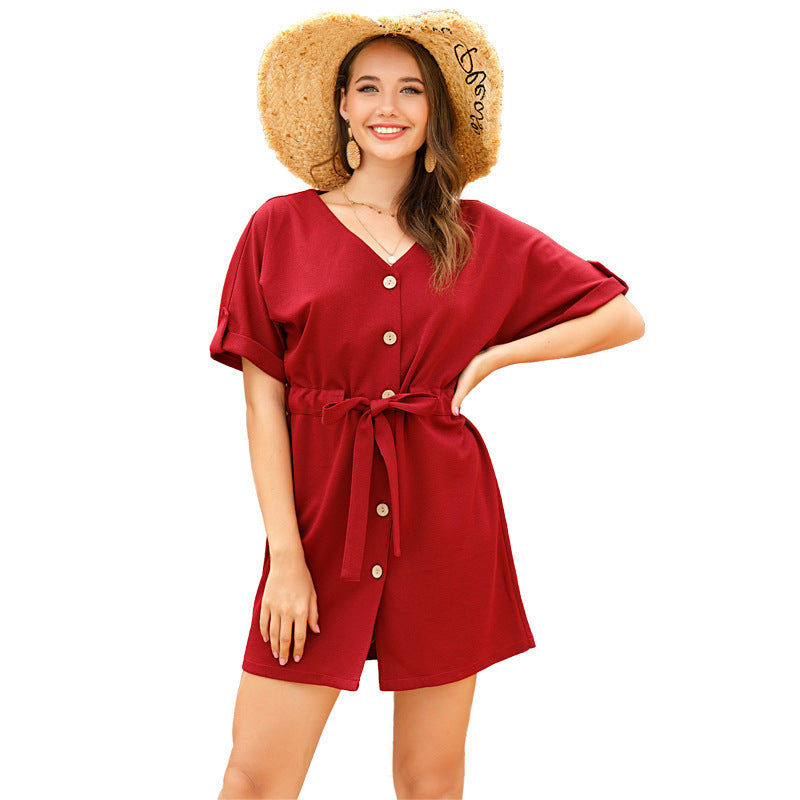 Waist V-Neck Tie Dress A-Line Skirt