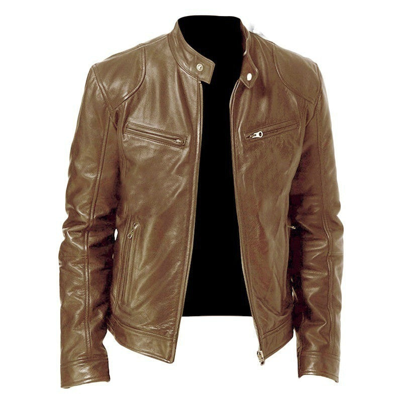 Men's Zip-up Cardigan PU Leather Jacket Pockets Stand Collar Short Tops Clothing