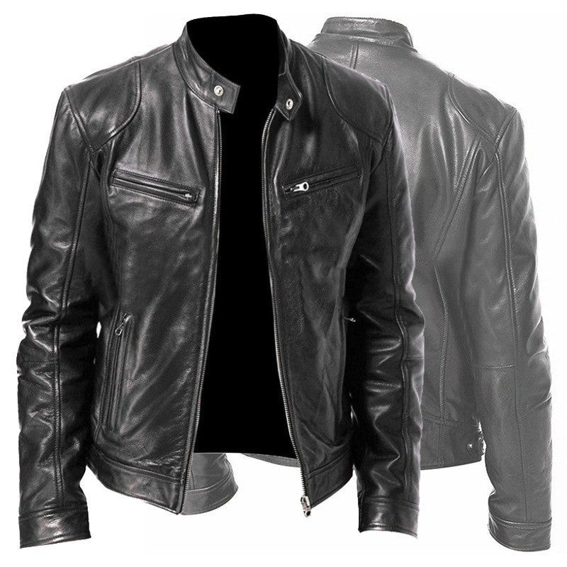 Men's Zip-up Cardigan PU Leather Jacket Pockets Stand Collar Short Tops Clothing