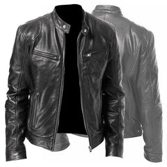 Men's Zip-up Cardigan PU Leather Jacket Pockets Stand Collar Short Tops Clothing