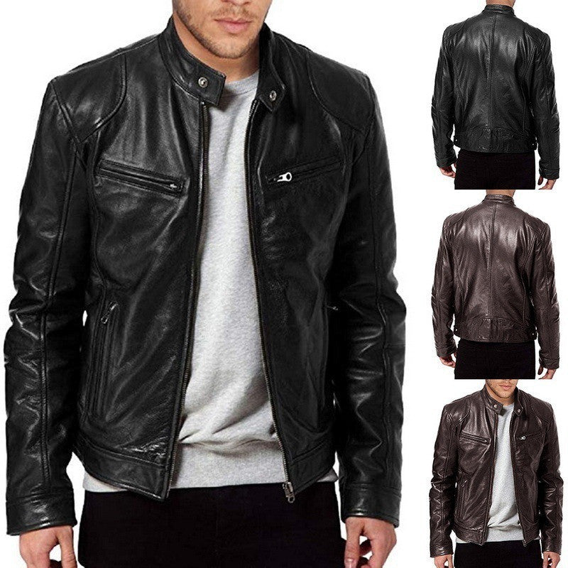 Men's Zip-up Cardigan PU Leather Jacket Pockets Stand Collar Short Tops Clothing