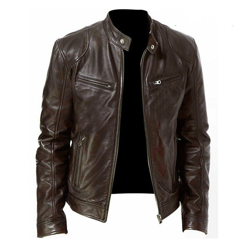 Men's Zip-up Cardigan PU Leather Jacket Pockets Stand Collar Short Tops Clothing