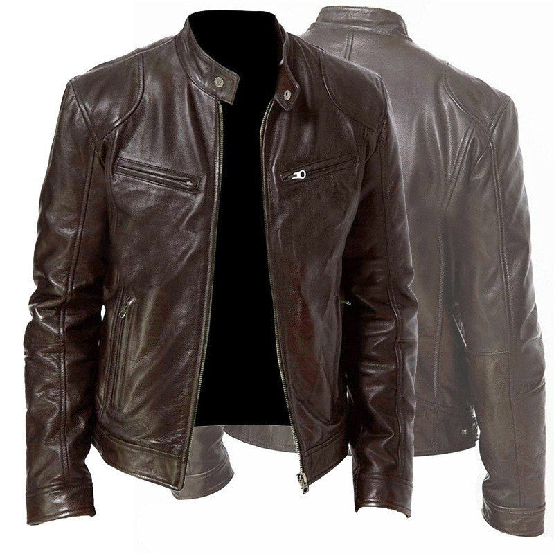 Men's Zip-up Cardigan PU Leather Jacket Pockets Stand Collar Short Tops Clothing