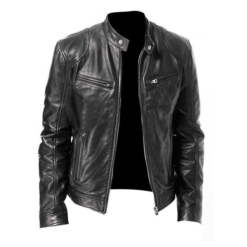Men's Zip-up Cardigan PU Leather Jacket Pockets Stand Collar Short Tops Clothing