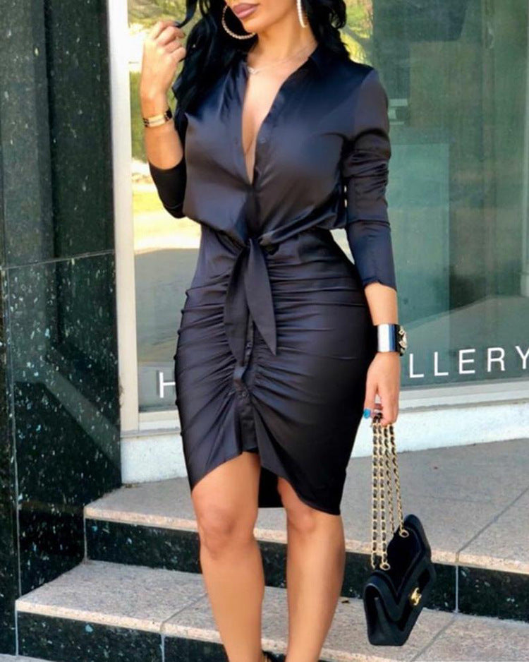 Lace-up Solid Color Long Sleeve Midi Dress Shirt Dress Elegant Party Dress