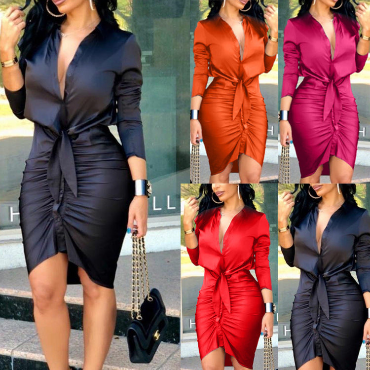 Lace-up Solid Color Long Sleeve Midi Dress Shirt Dress Elegant Party Dress