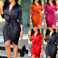 Lace-up Solid Color Long Sleeve Midi Dress Shirt Dress Elegant Party Dress