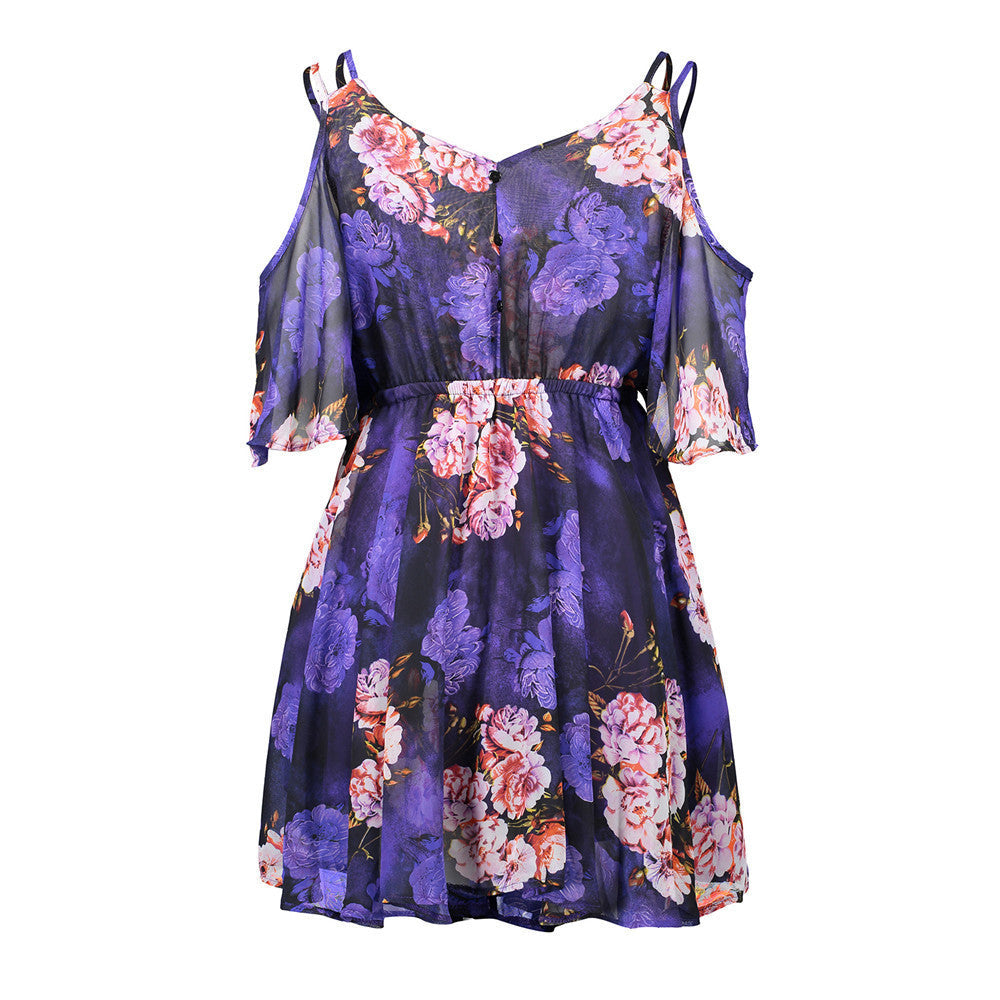 Plus Size Printed Chiffon Dress â€?V-Neck Off-Shoulder Spaghetti Strap Loose Fit