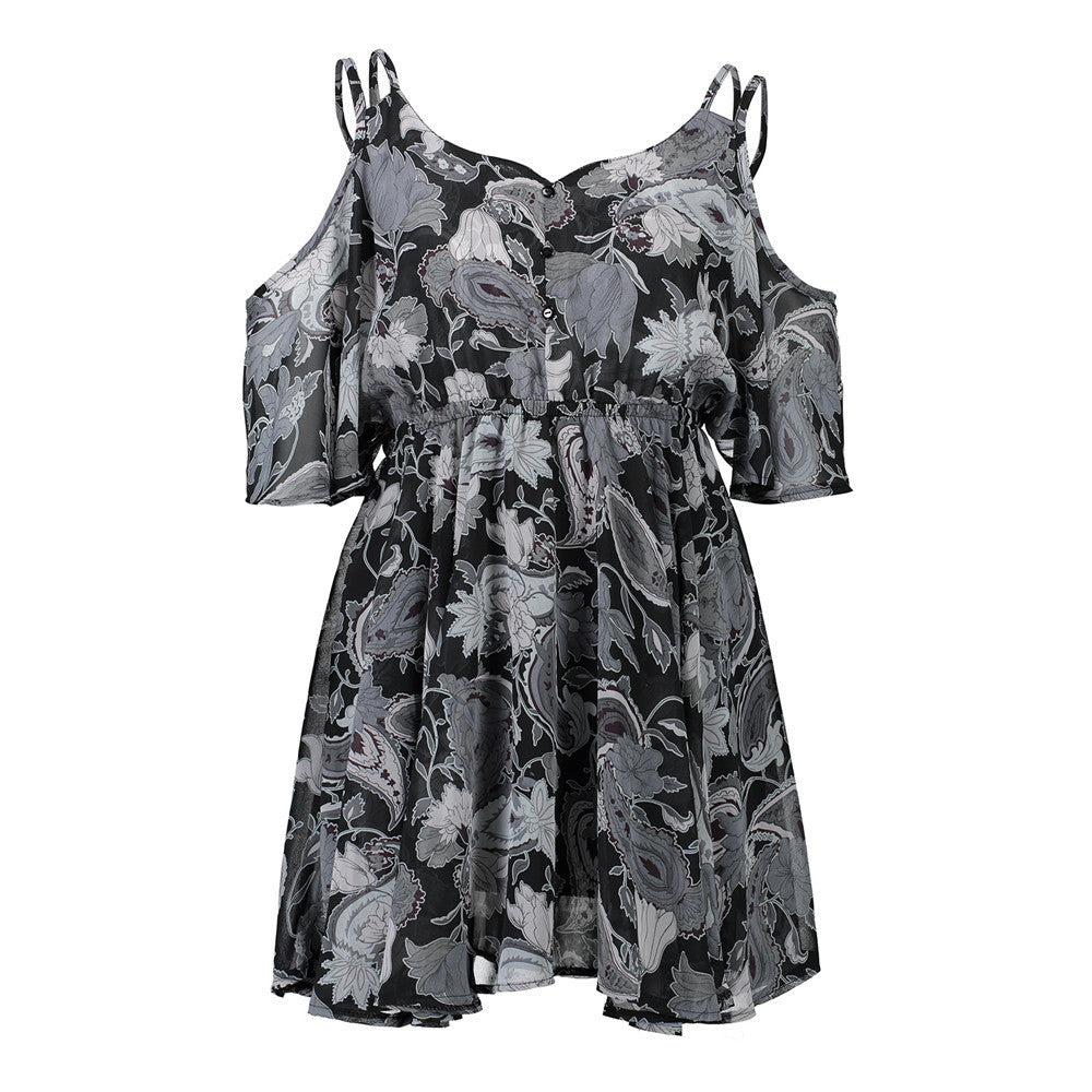 Plus Size Printed Chiffon Dress â€?V-Neck Off-Shoulder Spaghetti Strap Loose Fit