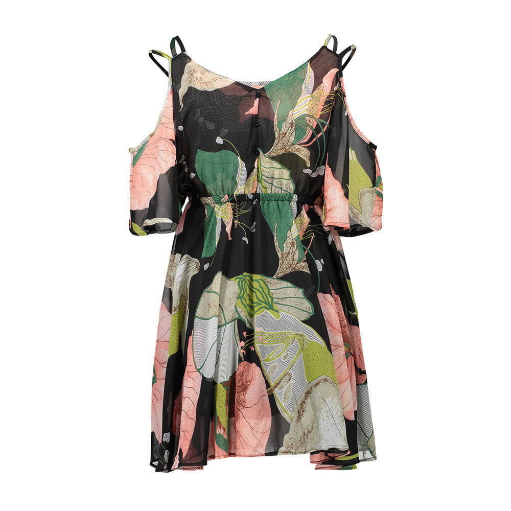 Plus Size Printed Chiffon Dress â€?V-Neck Off-Shoulder Spaghetti Strap Loose Fit