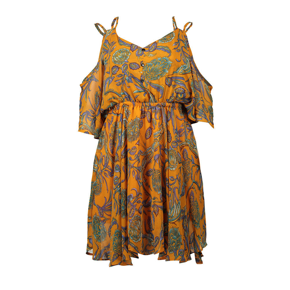 Plus Size Printed Chiffon Dress â€?V-Neck Off-Shoulder Spaghetti Strap Loose Fit