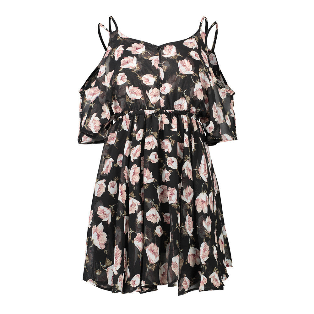 Plus Size Printed Chiffon Dress â€?V-Neck Off-Shoulder Spaghetti Strap Loose Fit