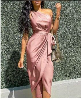 Dresses with slanting shoulders and irregular straps