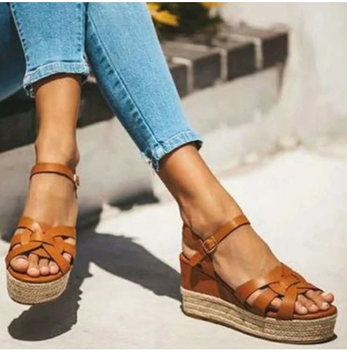 Straw Hemp Rope And Tendon Sole Wedge Sandals