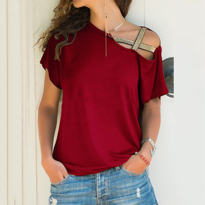 Skew Neck T-Shirt Irregular Criss Cross Short Sleeves Off Shoulder Solid Tops Blusa Femme One Shoulder Shirt