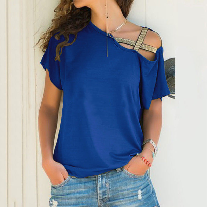 Skew Neck T-Shirt Irregular Criss Cross Short Sleeves Off Shoulder Solid Tops Blusa Femme One Shoulder Shirt