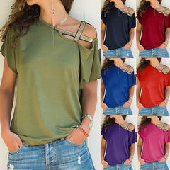 Skew Neck T-Shirt Irregular Criss Cross Short Sleeves Off Shoulder Solid Tops Blusa Femme One Shoulder Shirt