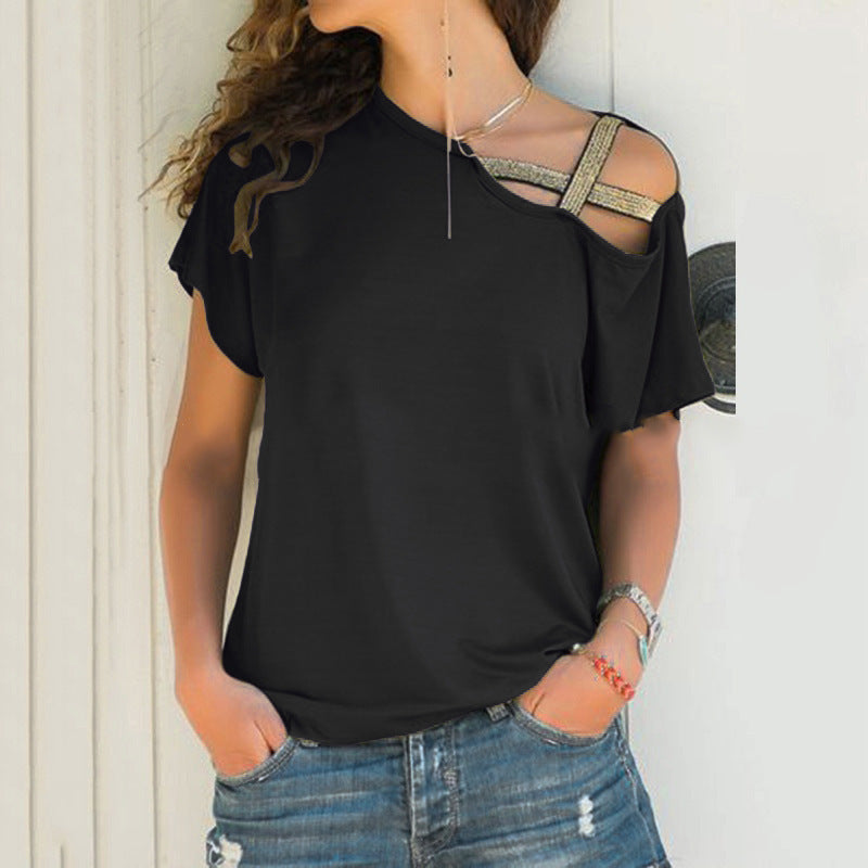 Skew Neck T-Shirt Irregular Criss Cross Short Sleeves Off Shoulder Solid Tops Blusa Femme One Shoulder Shirt