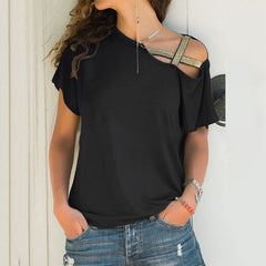 Skew Neck T-Shirt Irregular Criss Cross Short Sleeves Off Shoulder Solid Tops Blusa Femme One Shoulder Shirt
