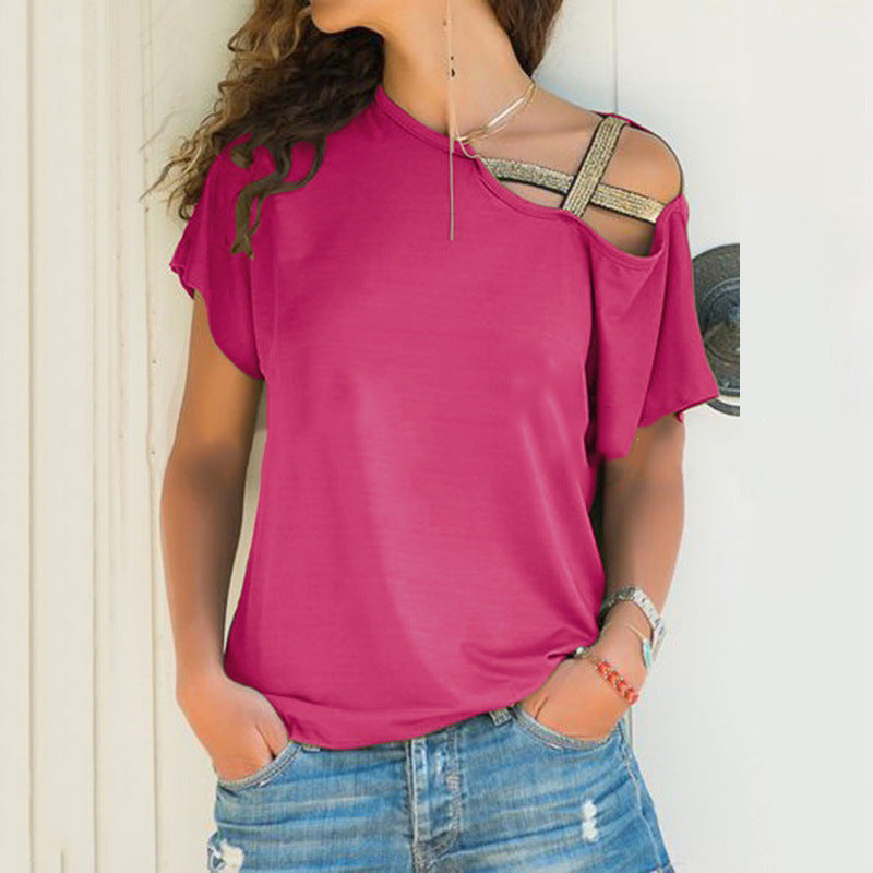 Skew Neck T-Shirt Irregular Criss Cross Short Sleeves Off Shoulder Solid Tops Blusa Femme One Shoulder Shirt