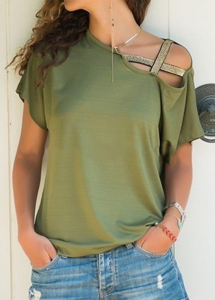 Skew Neck T-Shirt Irregular Criss Cross Short Sleeves Off Shoulder Solid Tops Blusa Femme One Shoulder Shirt