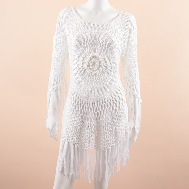 CUPSHE White Crochet Bikini Cover Up with Fringe Trim Hollow Tunic Beach Dress Bathing Suit Beachwear