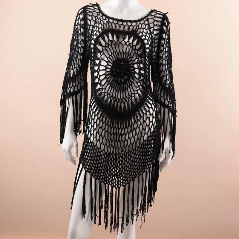 CUPSHE White Crochet Bikini Cover Up with Fringe Trim Hollow Tunic Beach Dress Bathing Suit Beachwear