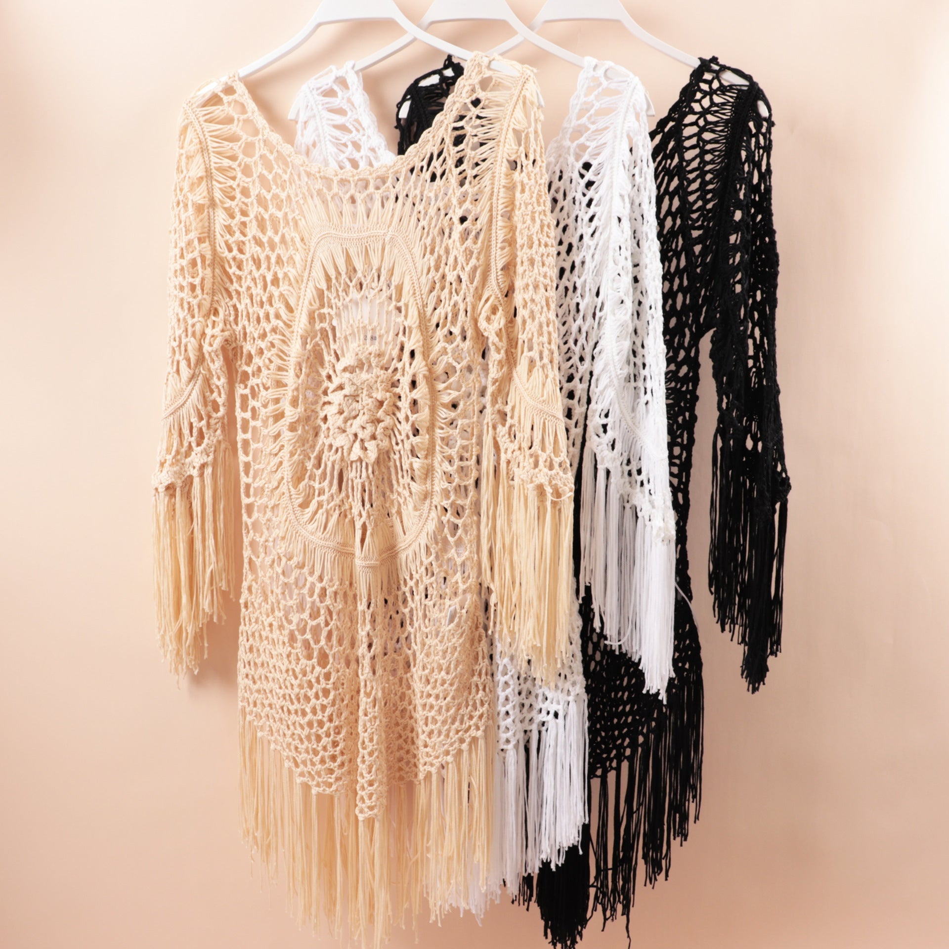 CUPSHE White Crochet Bikini Cover Up with Fringe Trim Hollow Tunic Beach Dress Bathing Suit Beachwear