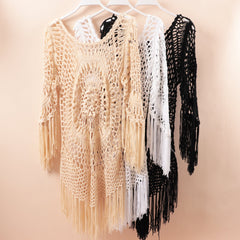 CUPSHE White Crochet Bikini Cover Up with Fringe Trim Hollow Tunic Beach Dress Bathing Suit Beachwear