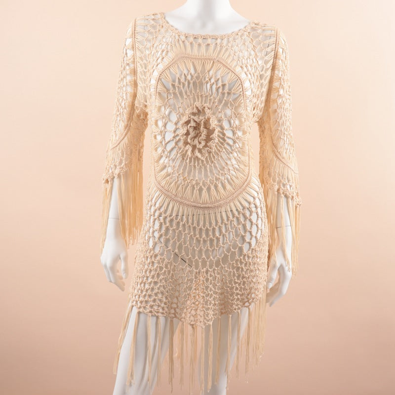 CUPSHE White Crochet Bikini Cover Up with Fringe Trim Hollow Tunic Beach Dress Bathing Suit Beachwear