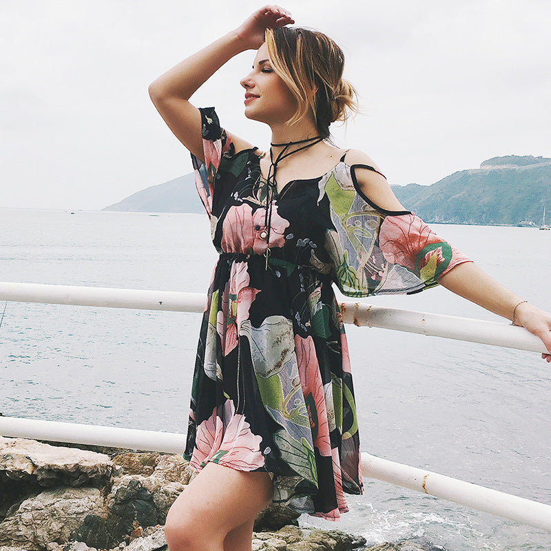 Plus Size Printed Chiffon Dress â€?V-Neck Off-Shoulder Spaghetti Strap Loose Fit