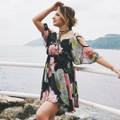 Plus Size Printed Chiffon Dress â€?V-Neck Off-Shoulder Spaghetti Strap Loose Fit