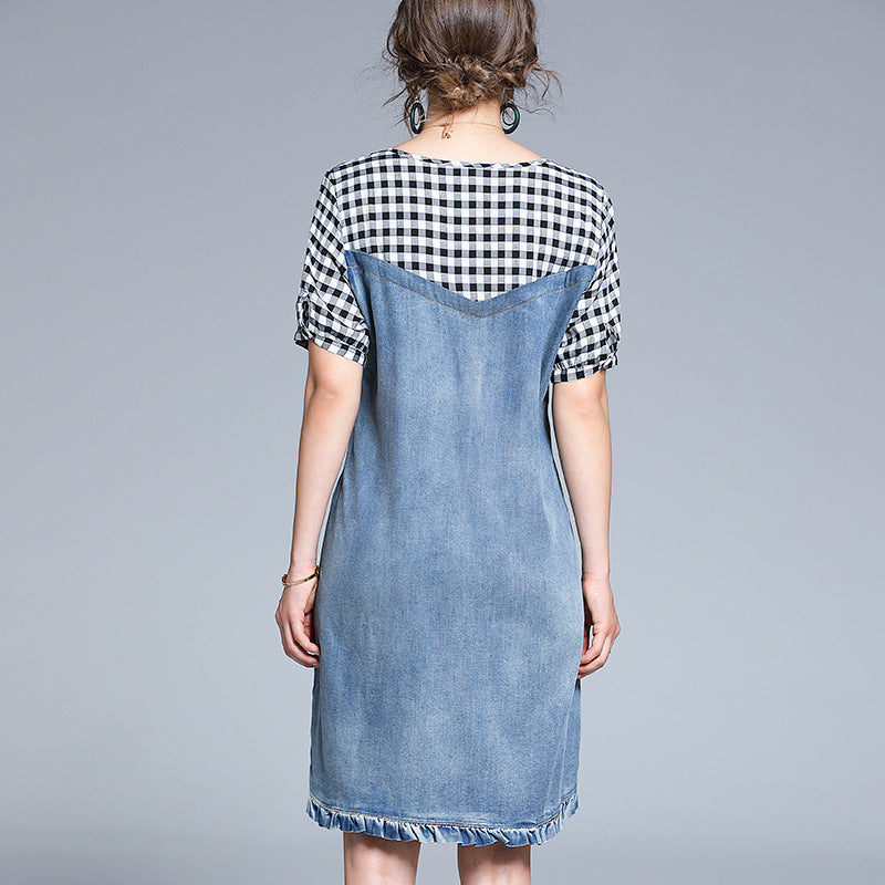 Station Short-Sleeved Dress V-Neck Tide Brand All-Match Plaid Stitching Denim Skirt
