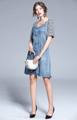 Station Short-Sleeved Dress V-Neck Tide Brand All-Match Plaid Stitching Denim Skirt
