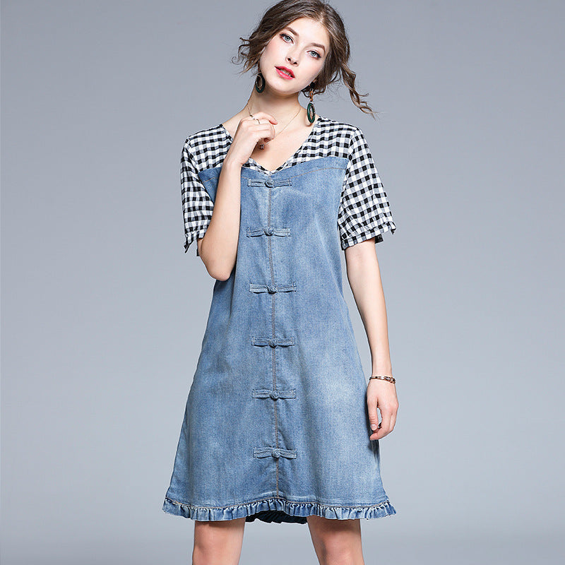 Station Short-Sleeved Dress V-Neck Tide Brand All-Match Plaid Stitching Denim Skirt