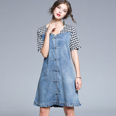 Station Short-Sleeved Dress V-Neck Tide Brand All-Match Plaid Stitching Denim Skirt