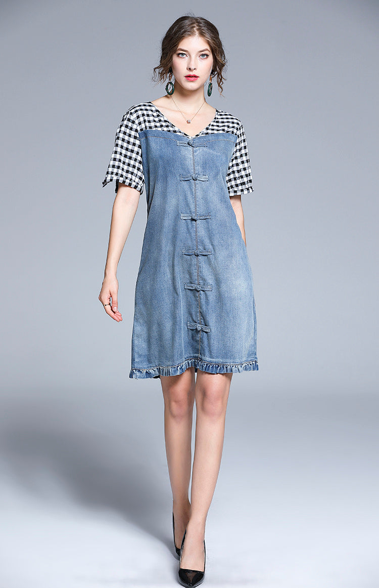 Station Short-Sleeved Dress V-Neck Tide Brand All-Match Plaid Stitching Denim Skirt