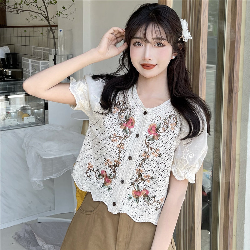 Korean Style Chic Top Style Knit Sweater Thin Hollow Puff Sleeve Stitching Short-Sleeved Cardigan Tide