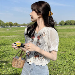 Korean Style Chic Top Style Knit Sweater Thin Hollow Puff Sleeve Stitching Short-Sleeved Cardigan Tide