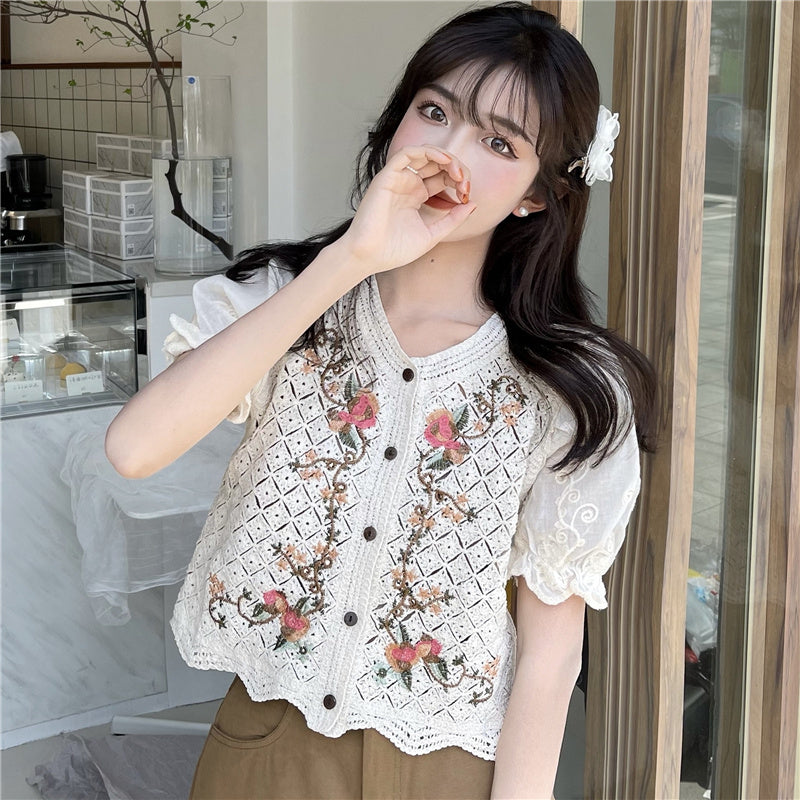 Korean Style Chic Top Style Knit Sweater Thin Hollow Puff Sleeve Stitching Short-Sleeved Cardigan Tide