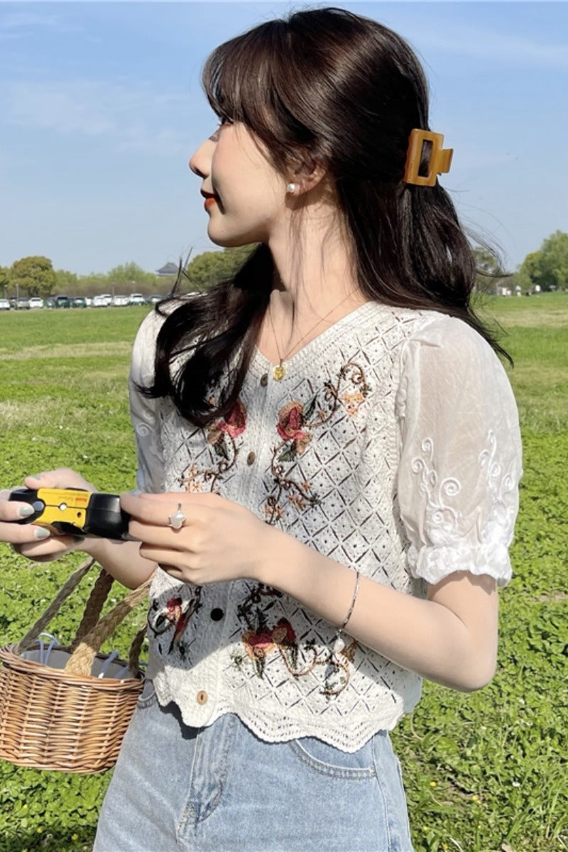 Korean Style Chic Top Style Knit Sweater Thin Hollow Puff Sleeve Stitching Short-Sleeved Cardigan Tide