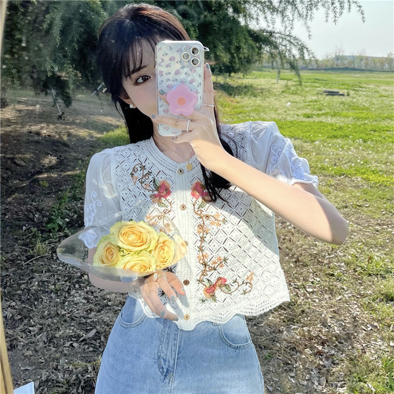Korean Style Chic Top Style Knit Sweater Thin Hollow Puff Sleeve Stitching Short-Sleeved Cardigan Tide
