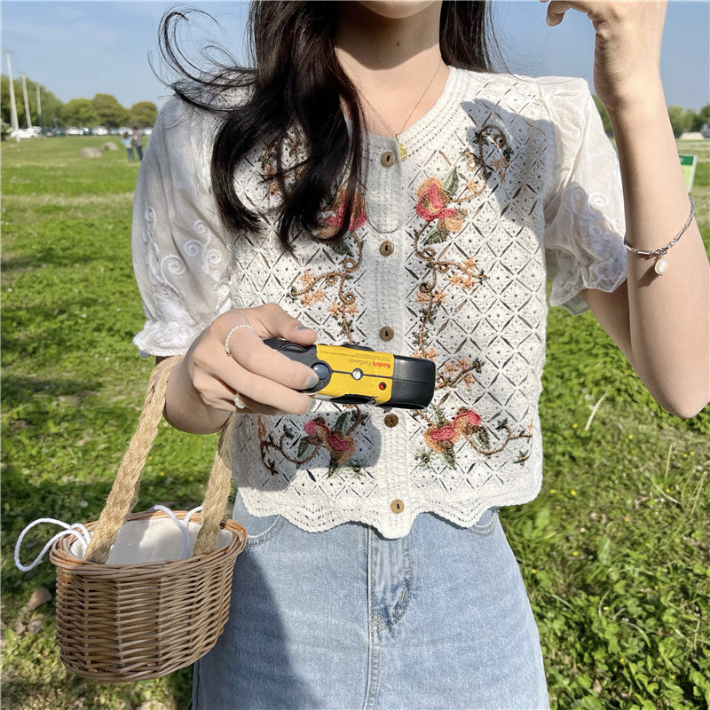 Korean Style Chic Top Style Knit Sweater Thin Hollow Puff Sleeve Stitching Short-Sleeved Cardigan Tide