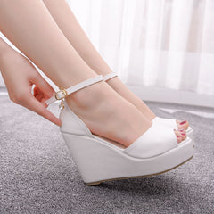 White Fish Mouth Waterproof Platform Word Wrist Strap High Heel Sandals Wedge Platform Sandals
