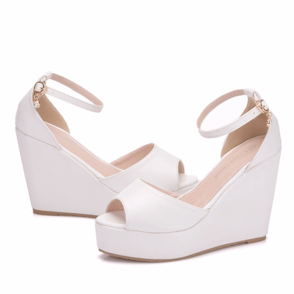 White Fish Mouth Waterproof Platform Word Wrist Strap High Heel Sandals Wedge Platform Sandals